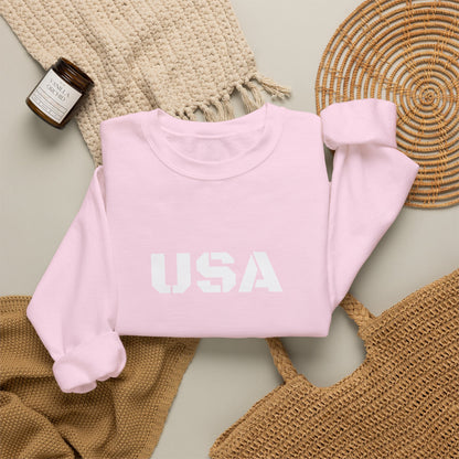 Printify USA crewneck sweatshirt with patriotic design, cozy fit, ideal for all seasons, showcasing a comfortable casual style.