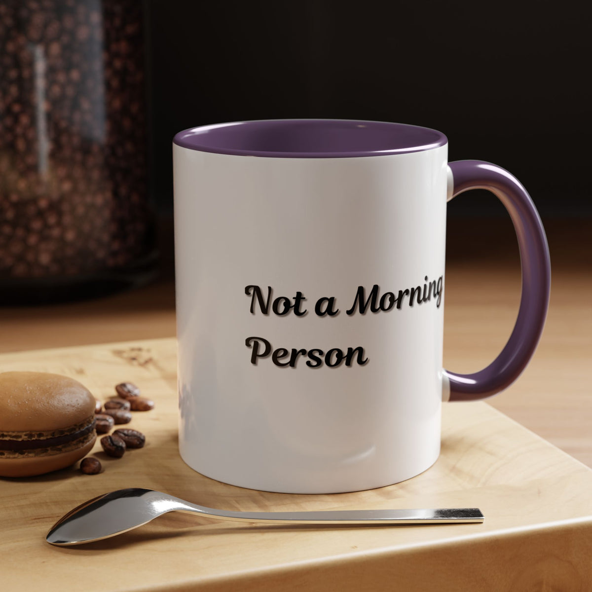 Ceramic coffee mug with "Not a Morning Person" slogan, 11oz or 15oz capacity, in white with black text, by Printify.