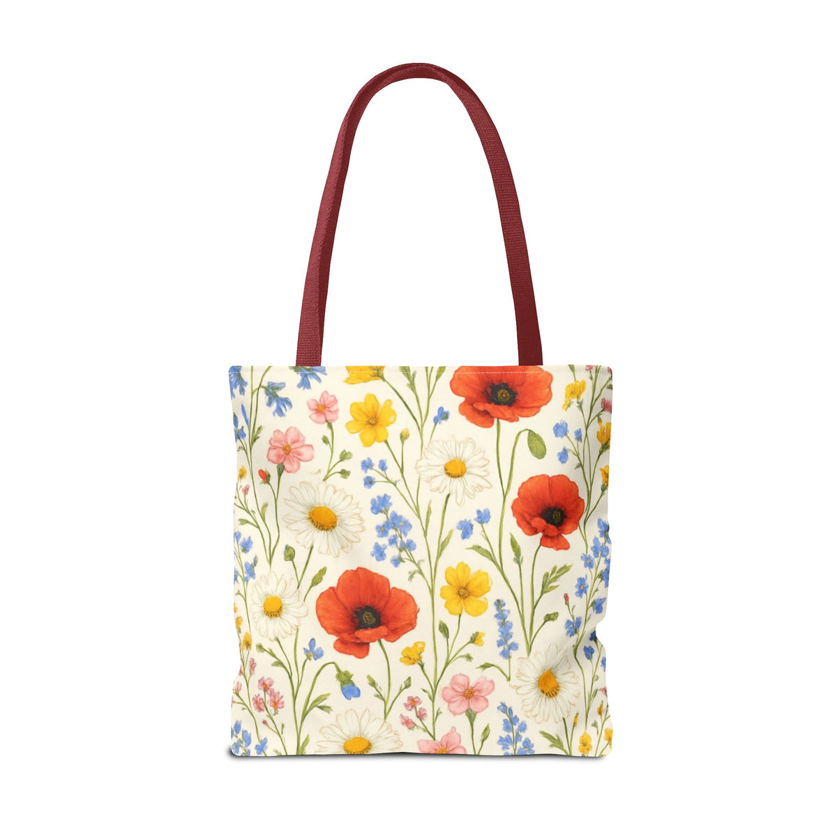 Wildflower Poppy print tote bag by Printify featuring a vibrant floral all-over pattern on a durable fabric bag.