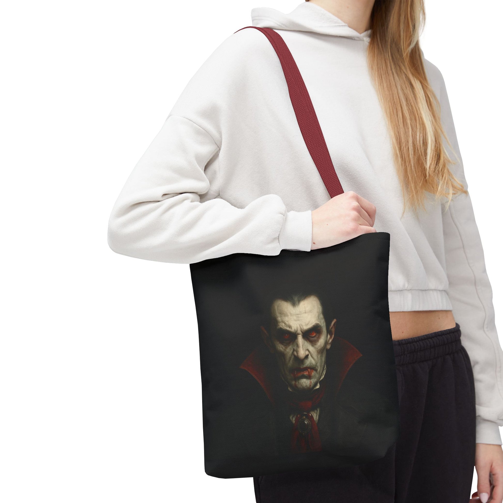 Black vampire tote bag with spooky gothic design, featuring a vampire silhouette and Halloween-themed artwork by Printify.