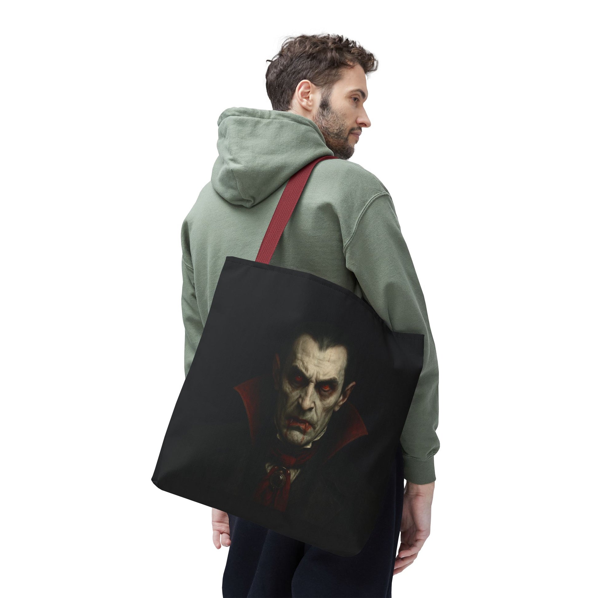 Spooky Gothic vampire tote bag from Printify with black and red design, perfect for Halloween accessories and goth fashion.