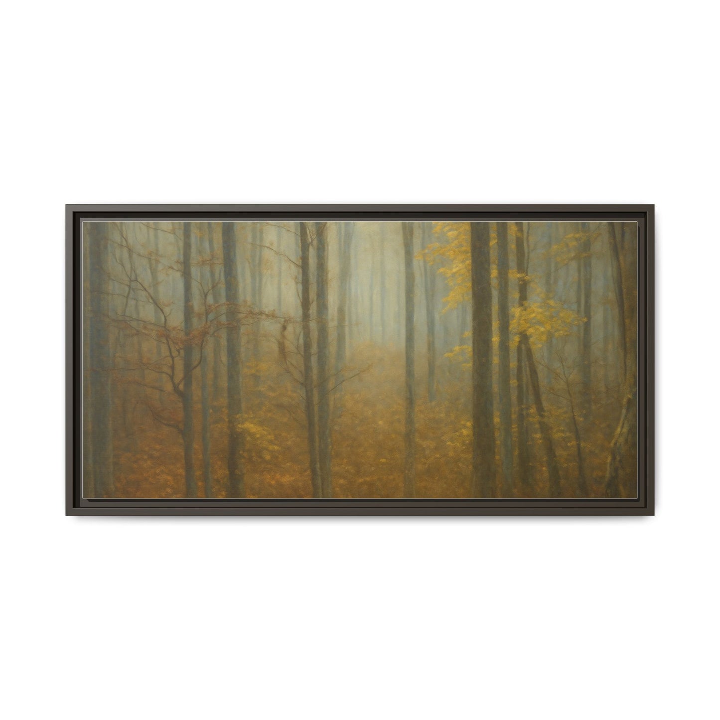Framed matte canvas wall art of a misty autumn forest scene, featuring vibrant fall colors and detailed tree imagery.