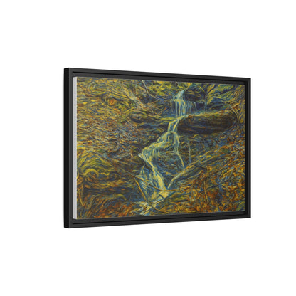 Framed matte canvas wall art featuring a serene autumn forest with a waterfall, by Printify.