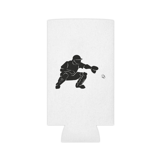 Printify Baseball Catcher Can Cooler, a sports beverage koozie designed to keep drinks cold, featuring a baseball catcher illustration.