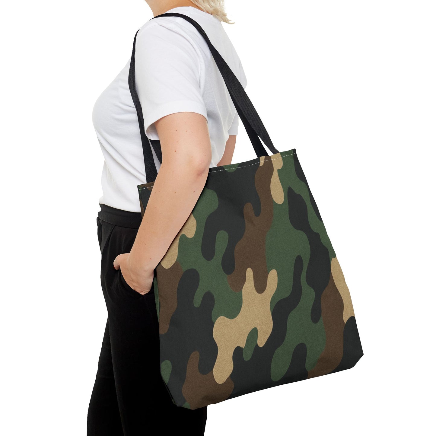 Camouflage pattern tote bag from Printify featuring an all-over print canvas carryall with sturdy handles and spacious interior.