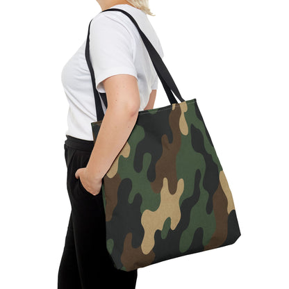 Camouflage pattern tote bag from Printify featuring an all-over print canvas carryall with sturdy handles and spacious interior.