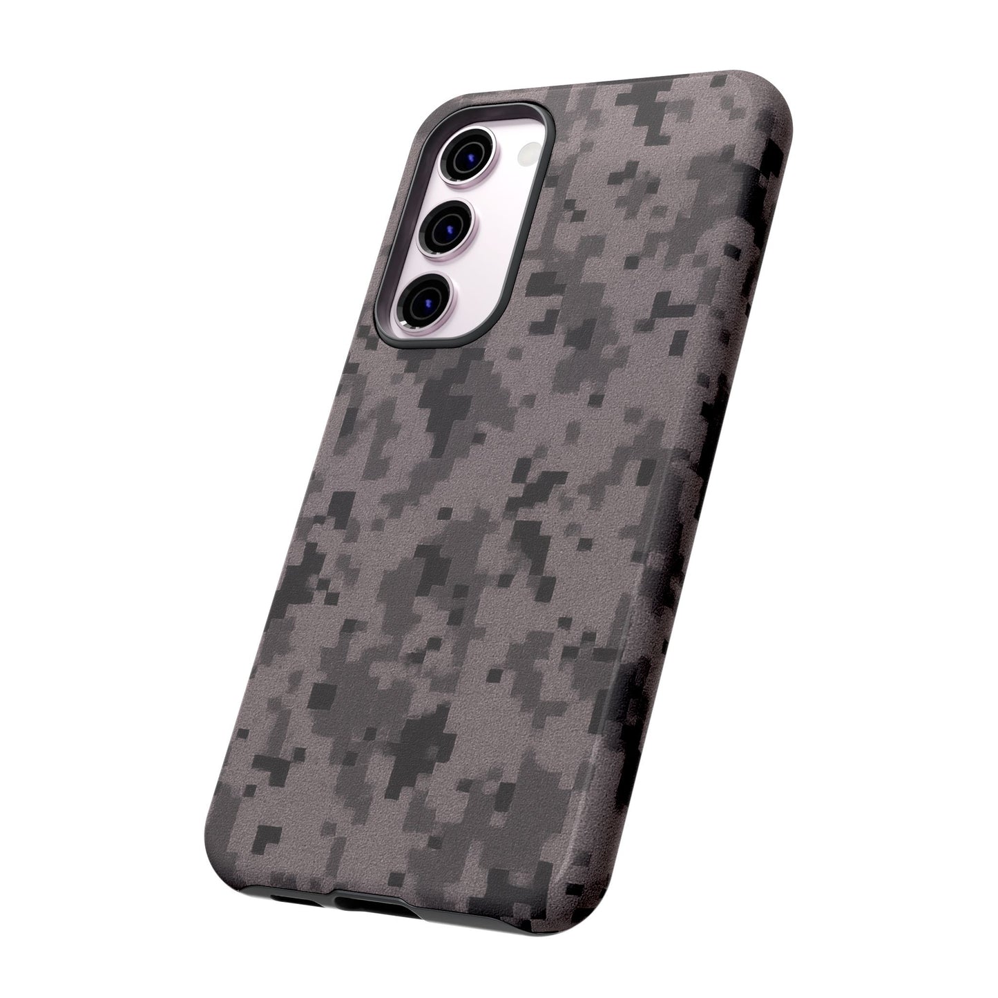 Gray digital camouflage phone case by Printify, tough protective cover for smartphones with a rugged camouflage design.