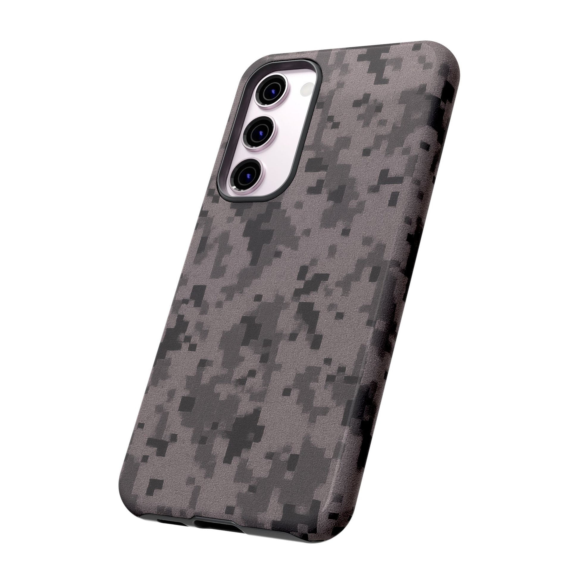 Gray digital camouflage phone case by Printify, tough protective cover for smartphones with a rugged camouflage design.