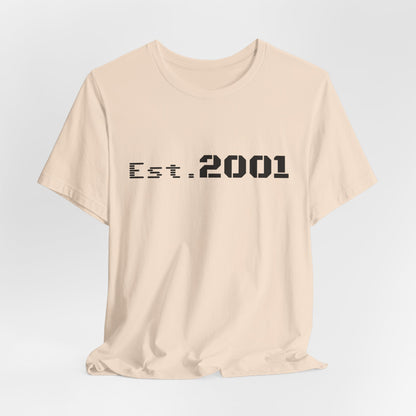 Retro minimalistic Est. 2001 graphic T-shirt by Printify featuring a clean birthyear design on a casual cotton tee.