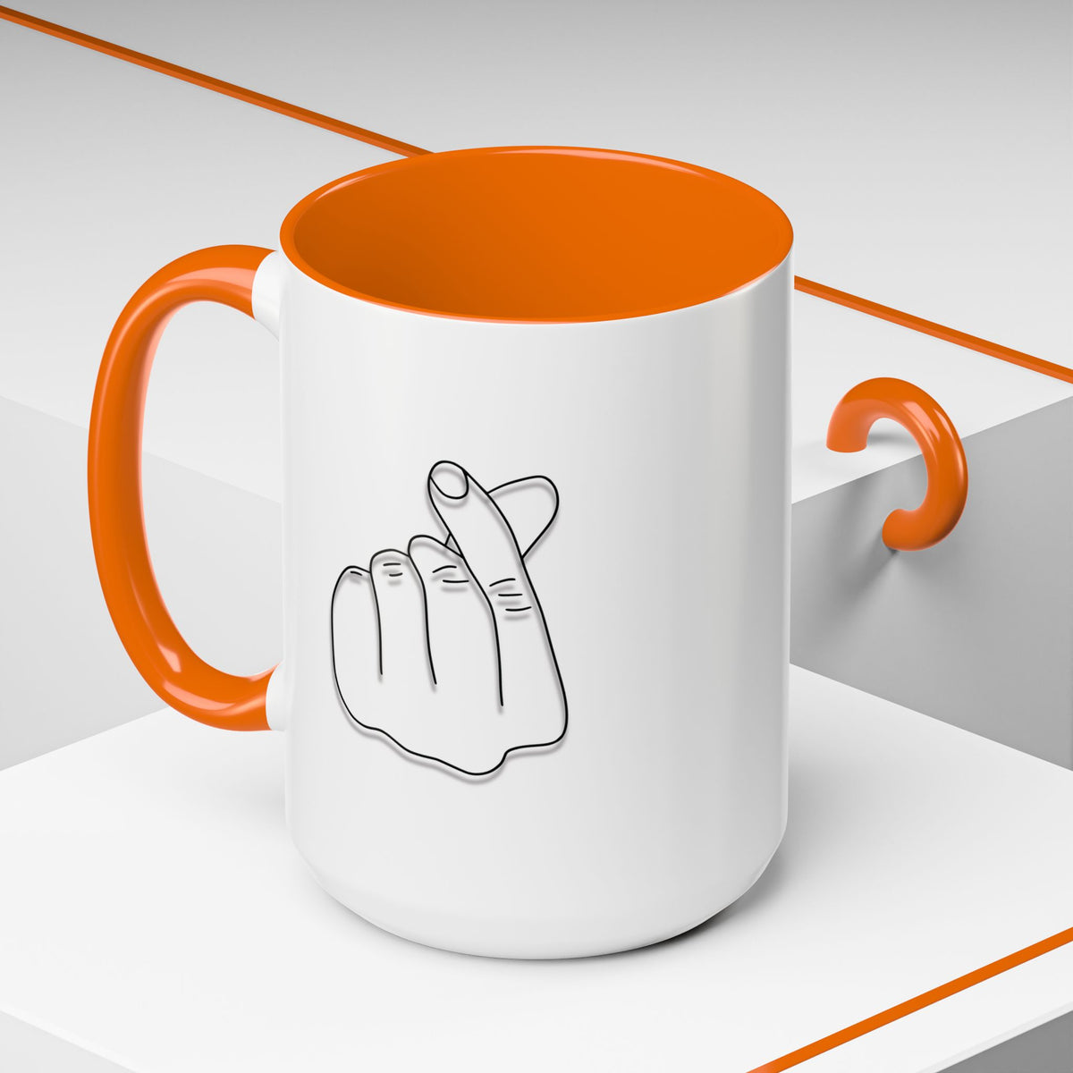 Minimal Korean finger heart accent coffee mug by Printify, 11oz or 15oz, with simple design and clean white finish.
