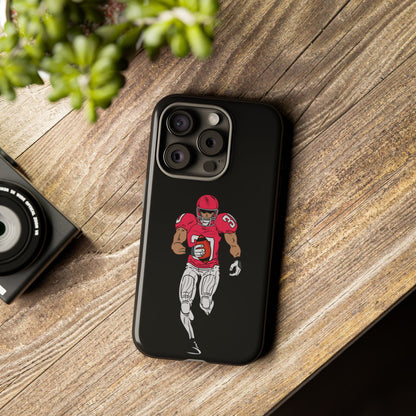 Black football player tough phone case for iPhone, featuring sports-themed design and durable protective material.