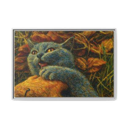 Blue cat canvas print featuring whimsical wall art, perfect gift for cat lovers, by Printify.