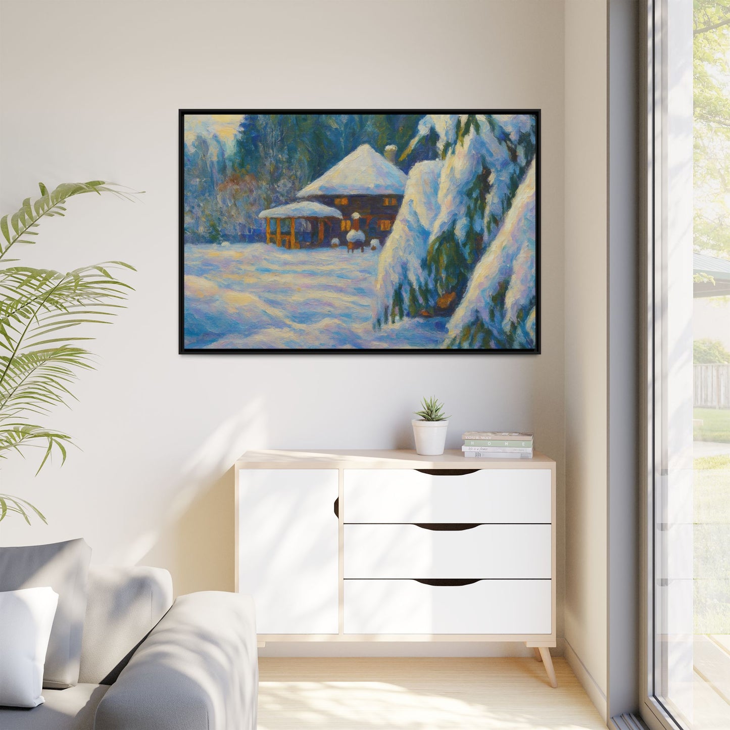 Framed matte canvas wall art of a snowy cabin winter landscape, printed by Printify, showcasing a cozy winter scene.