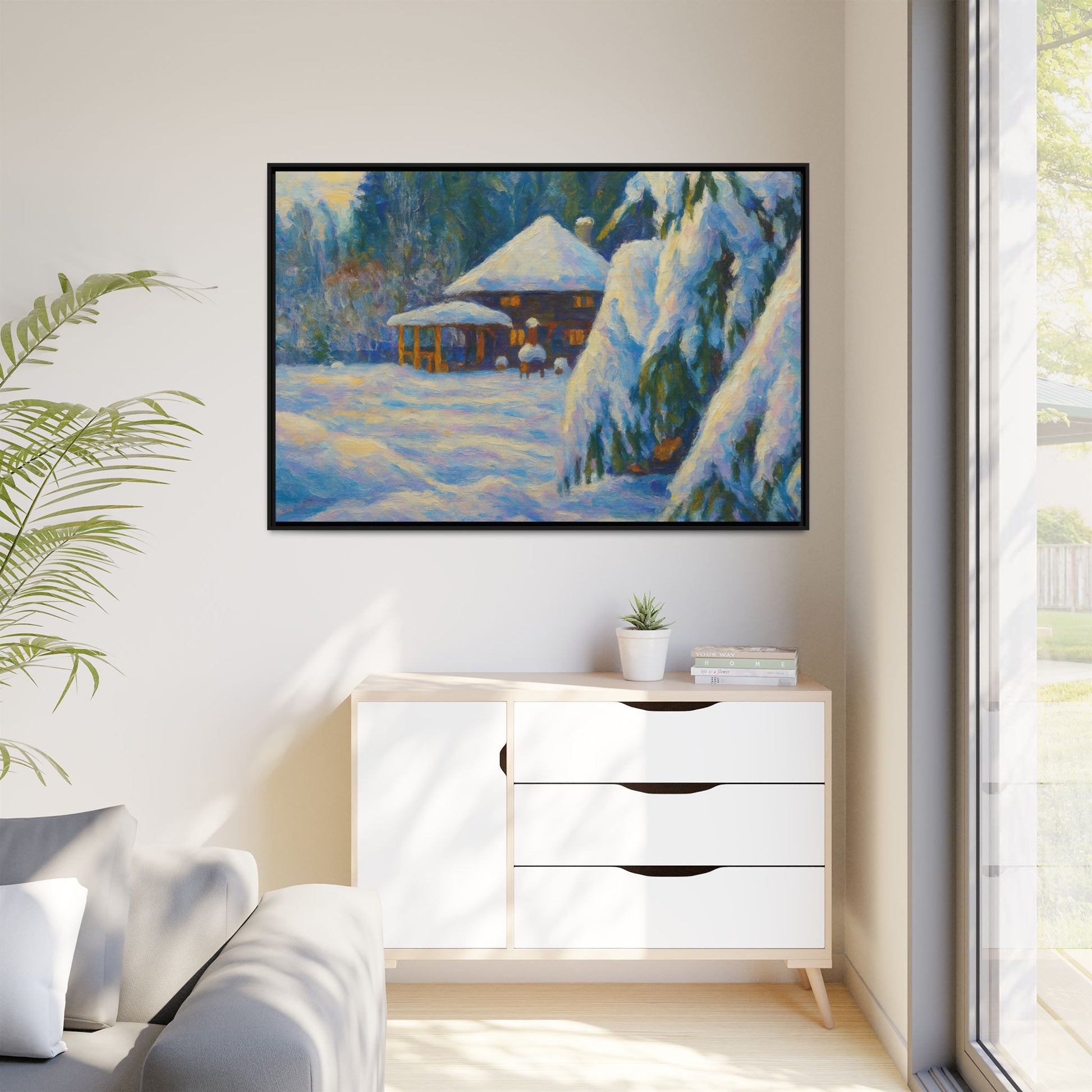 Framed matte canvas wall art of a snowy cabin winter landscape, printed by Printify, showcasing a cozy winter scene.