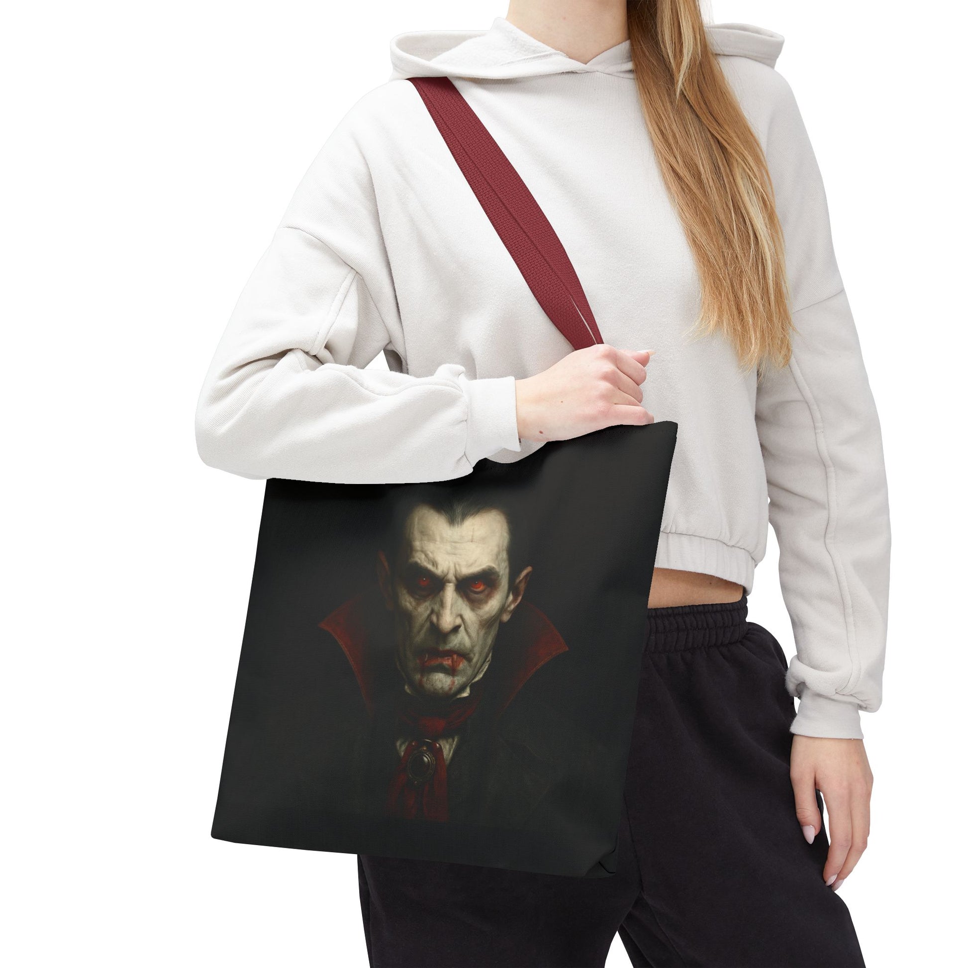 Black vampire-themed tote bag with spooky gothic design, featuring vampire imagery and Halloween-inspired details, by Printify.