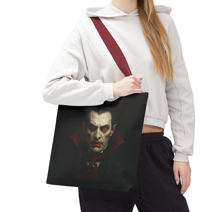 Black vampire-themed tote bag with spooky gothic design, featuring vampire imagery and Halloween-inspired details, by Printify.