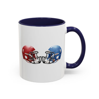 Football Helmet Coffee Mug — Red vs Blue Rivalry Accent Mug (11/15oz)