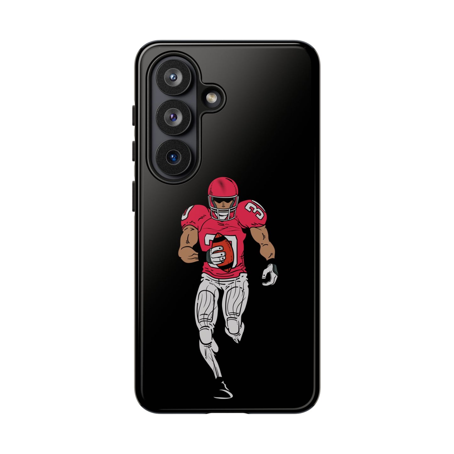 Black football player tough phone case for iPhone, protective sports design by Printify, featuring a dynamic athlete graphic.