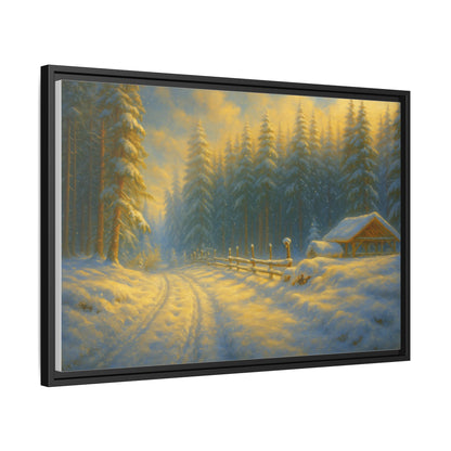 Framed winter cabin canvas print showing a snowy forest sunset, wall art by Printify with cozy outdoor scenery.