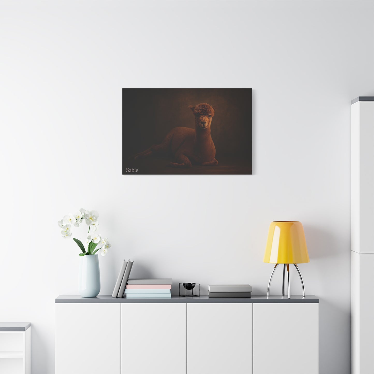 Alpaca portrait printed on matte canvas by Printify, showcasing a detailed and colorful animal artwork on a high-quality canvas.