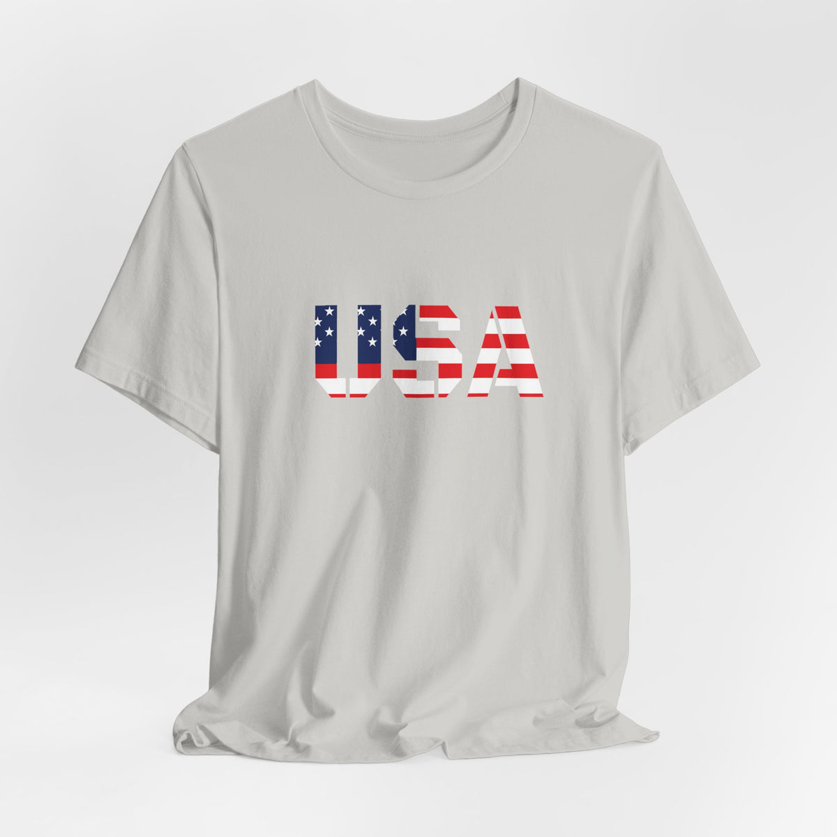 USA Flag Text T-Shirt by Printify featuring patriotic design for Fourth of July celebrations.