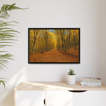 Autumn forest path matte canvas wall art framed, featuring vibrant fall colors and detailed woodland scene by Printify.