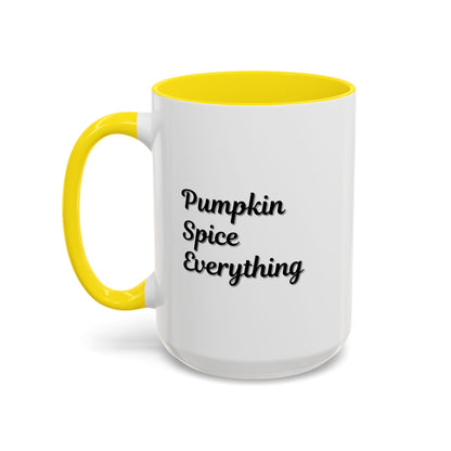 Printify Pumpkin Spice Everything accent coffee mug featuring fall-themed orange and brown pumpkin and spice design, 11oz size.