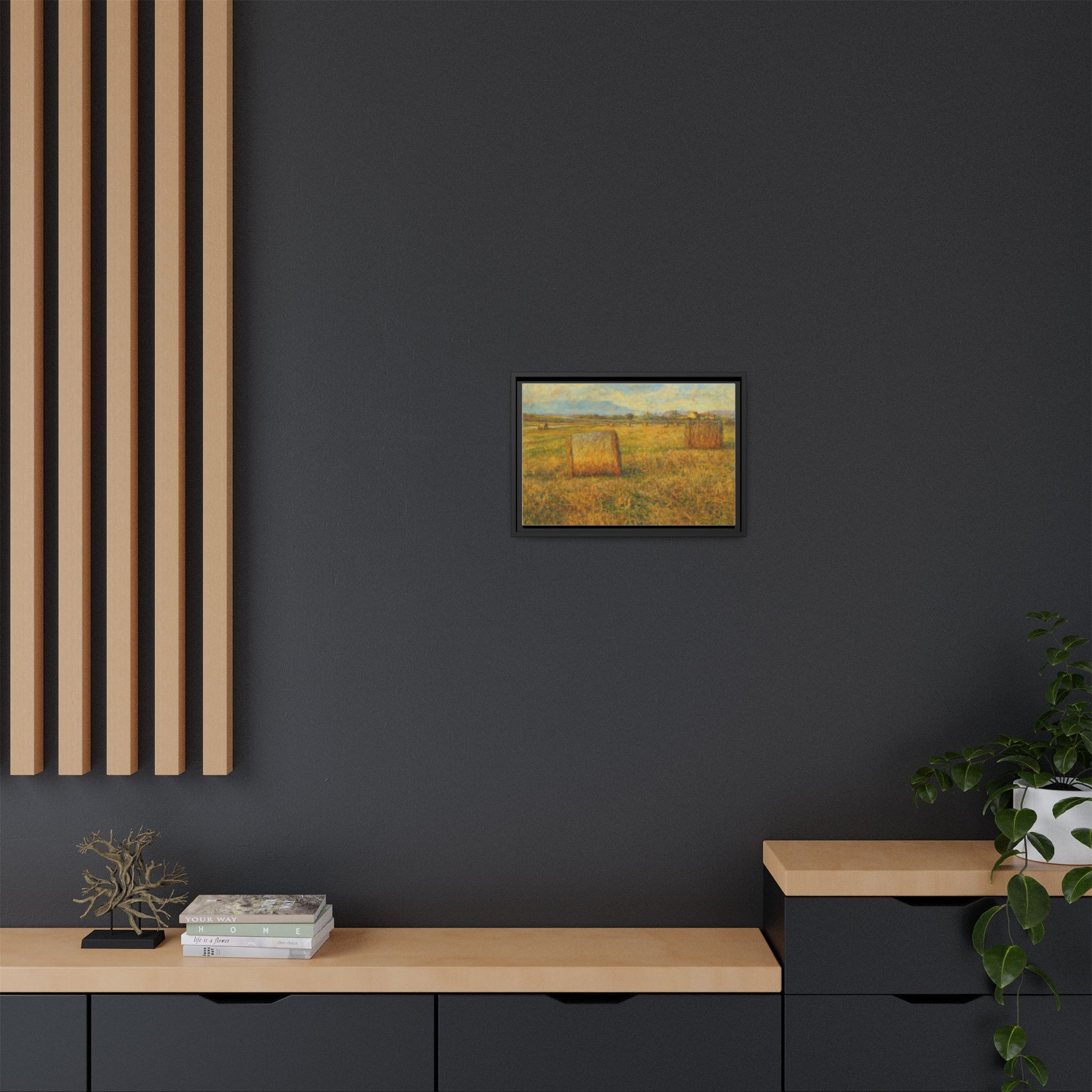 Framed rustic hayfield landscape canvas wall art by Printify, featuring a serene rural scene with a matte finish.