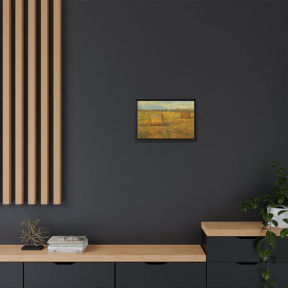 Framed rustic hayfield landscape canvas wall art by Printify, featuring a serene rural scene with a matte finish.