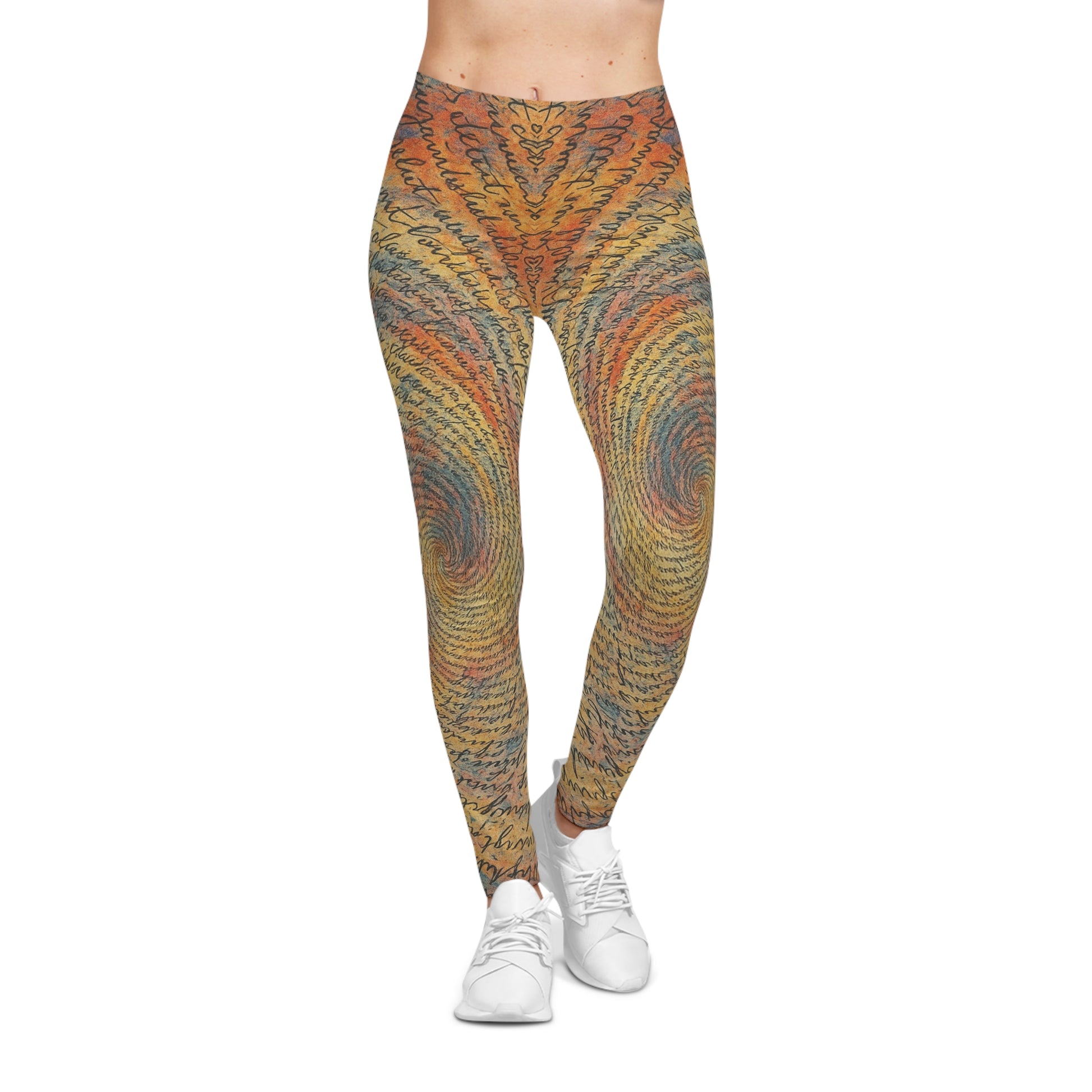 Bohemian Script Spiral Print women's casual all-over-print leggings by Printify featuring a colorful, artistic spiral design.
