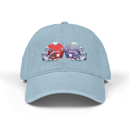 Red and blue embroidered football helmet denim hat with team cap design, stylish and casual headwear by Printify.