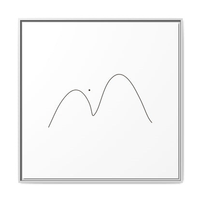 Framed minimalist mountain line art on matte canvas by Printify, showcasing simple black mountain outline on white background.