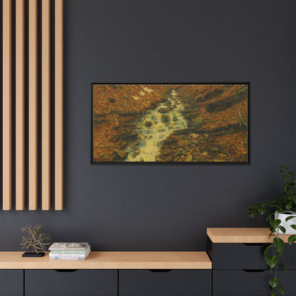 Framed matte canvas print of autumn stream landscape artwork by Printify, showing vibrant fall trees and flowing water.