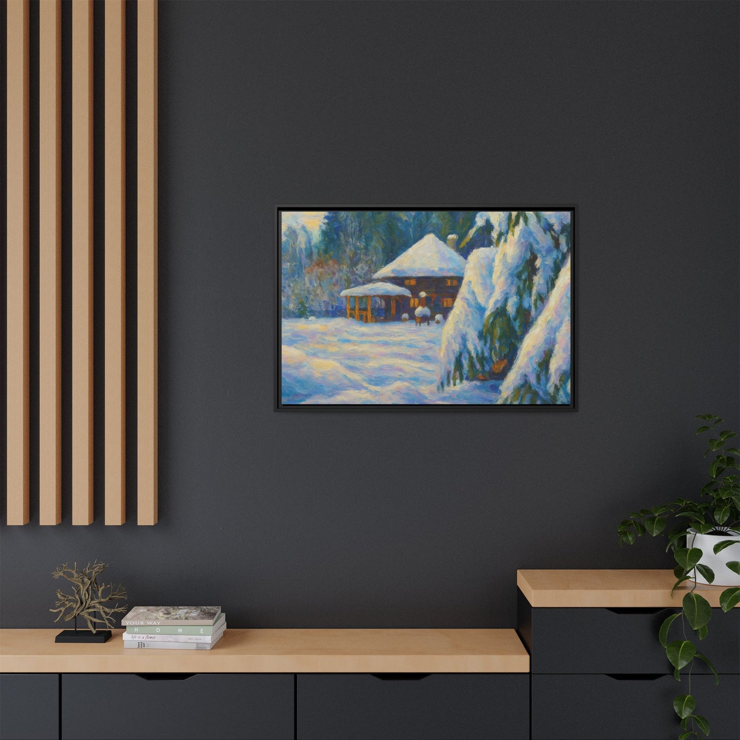 Framed matte canvas wall art of a snowy cabin winter landscape, featuring a cozy cabin in a snowy forest scene.