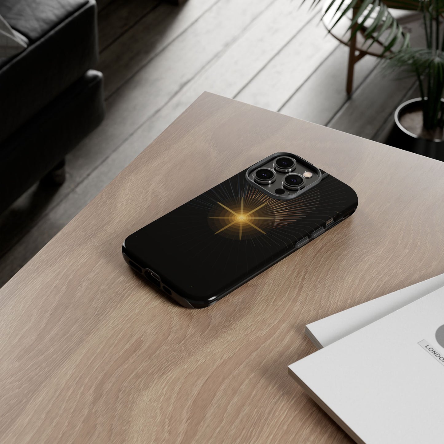 Tough Cases - Radiant Star Phone Case, Protective Black Shockproof Cover with Golden Light Design