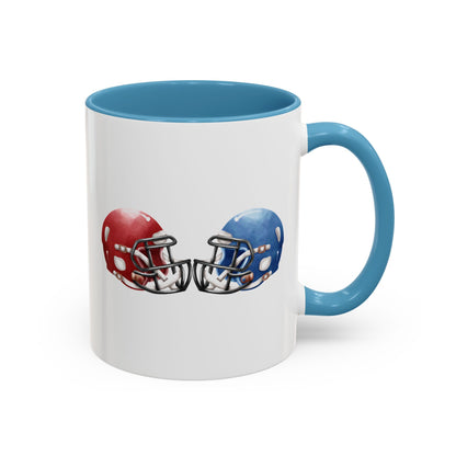Football Helmet Coffee Mug — Red vs Blue Rivalry Accent Mug (11/15oz)