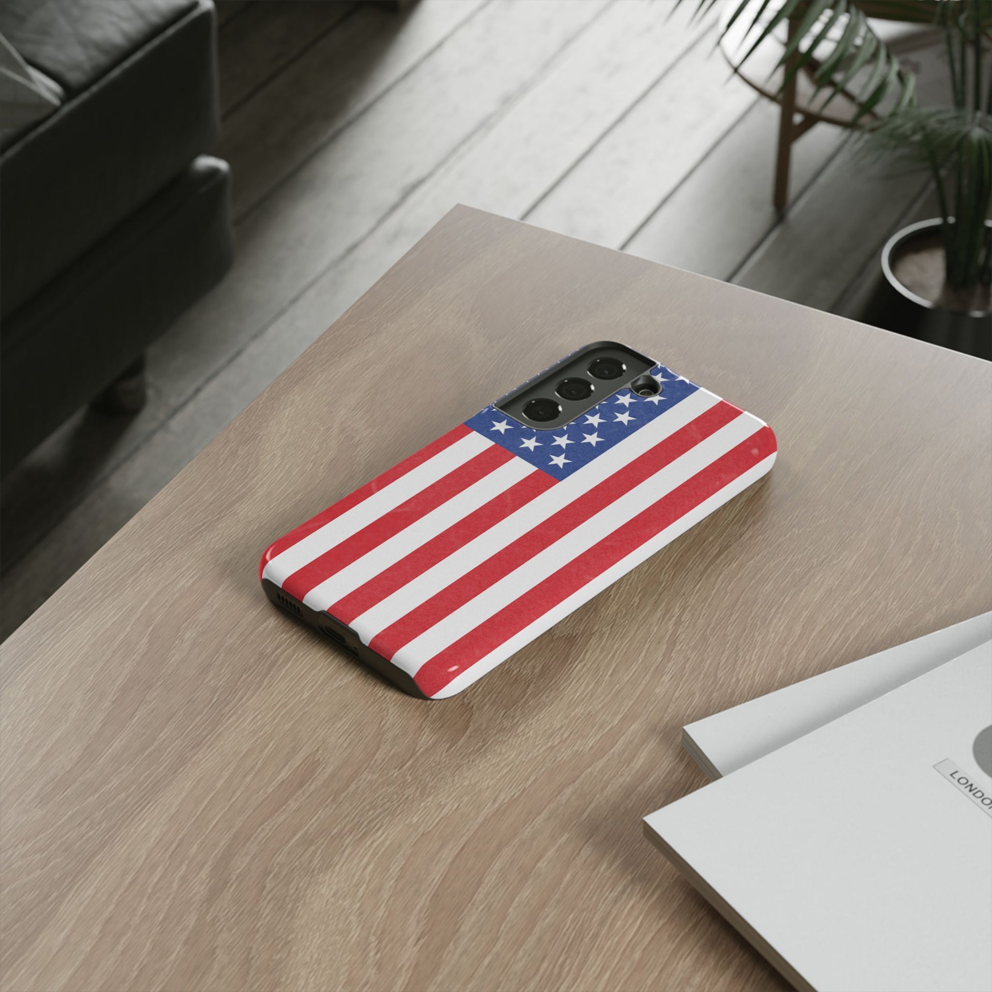American flag tough phone case for iPhone and Samsung, patriotic protective cover with bold flag design by Printify.