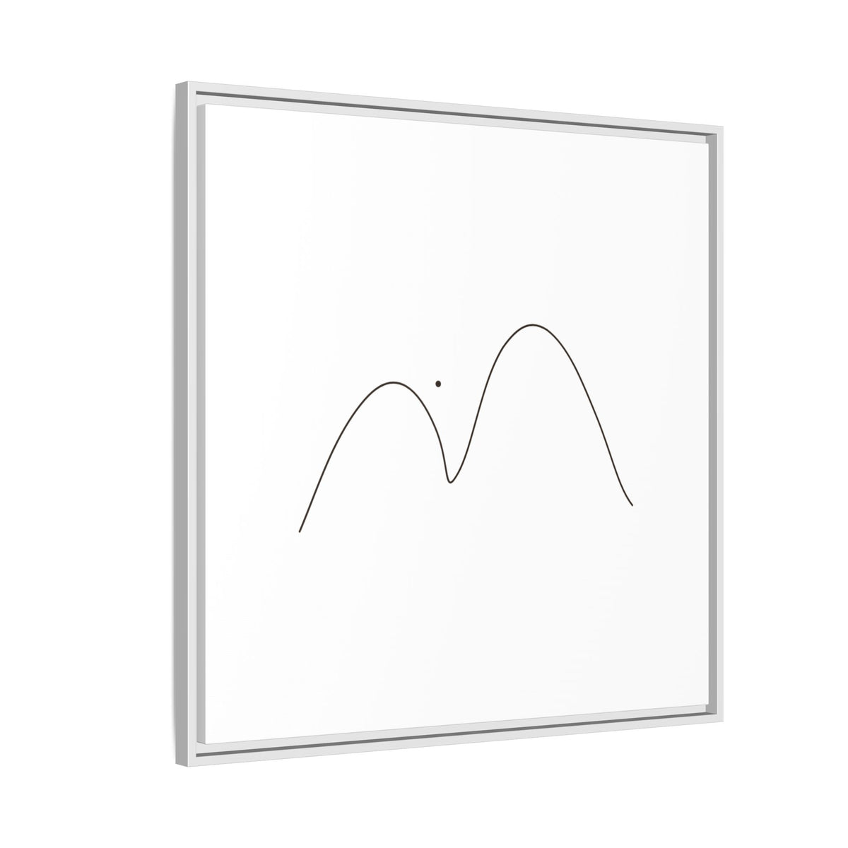 Framed minimalist mountain line art canvas print by Printify, featuring simple black mountain outline on matte background.