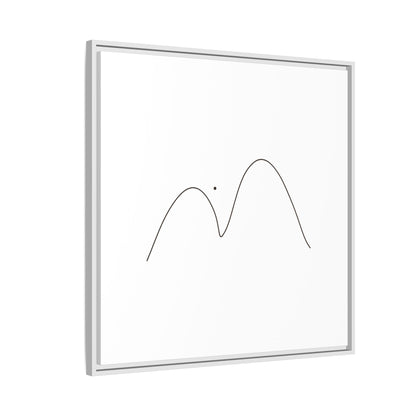 Framed minimalist mountain line art canvas print by Printify, featuring simple black mountain outline on matte background.