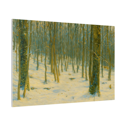 Snowy winter forest canvas print by Printify, featuring a stretch matte canvas with a snowy woodland scene.