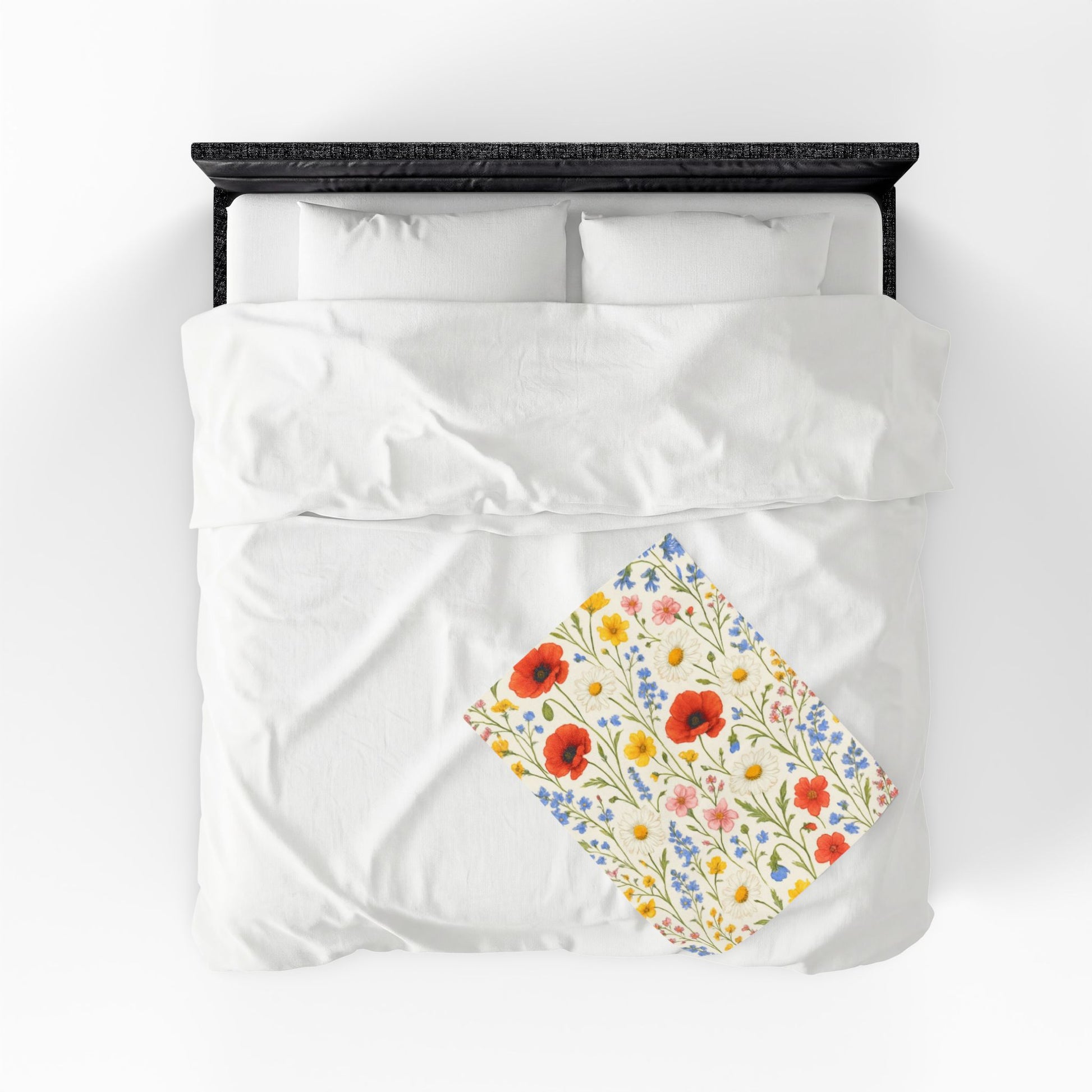 Velveteen plush blanket with all-over poppy daisy floral wildflower meadow print, soft and cozy throw from Printify.