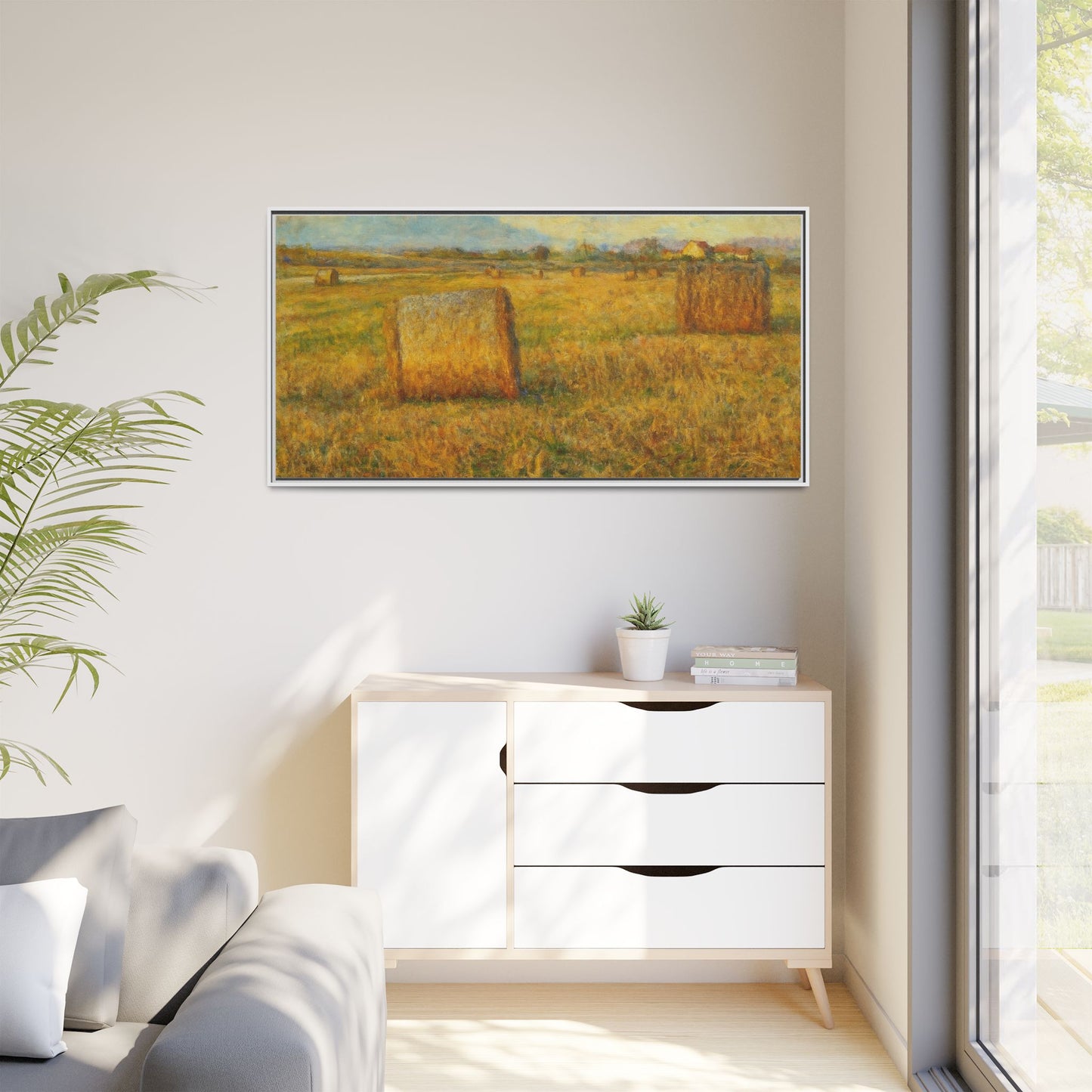 Framed matte canvas wall art featuring a rustic hayfield landscape print by Printify, ideal for country-style home decor.