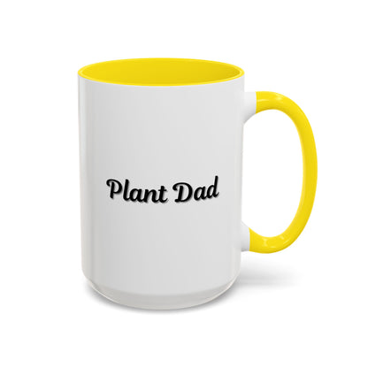 Black-handle Plant Dad coffee mug with plant-themed design, ideal for plant lovers, available in 11oz and 15oz sizes.