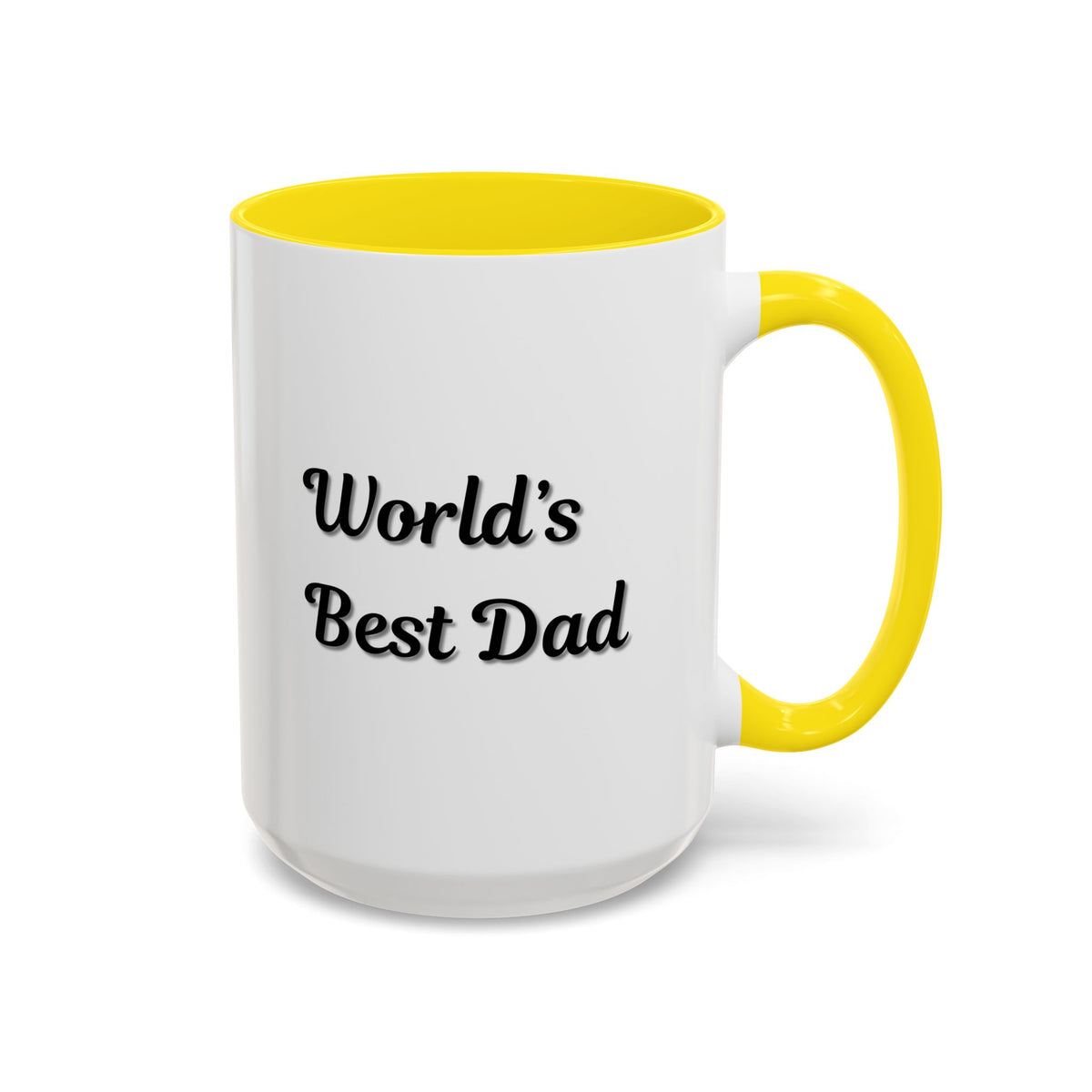Black trim coffee mug with "World's Best Dad" accent text, available in 11oz or 15oz size, by Printify.