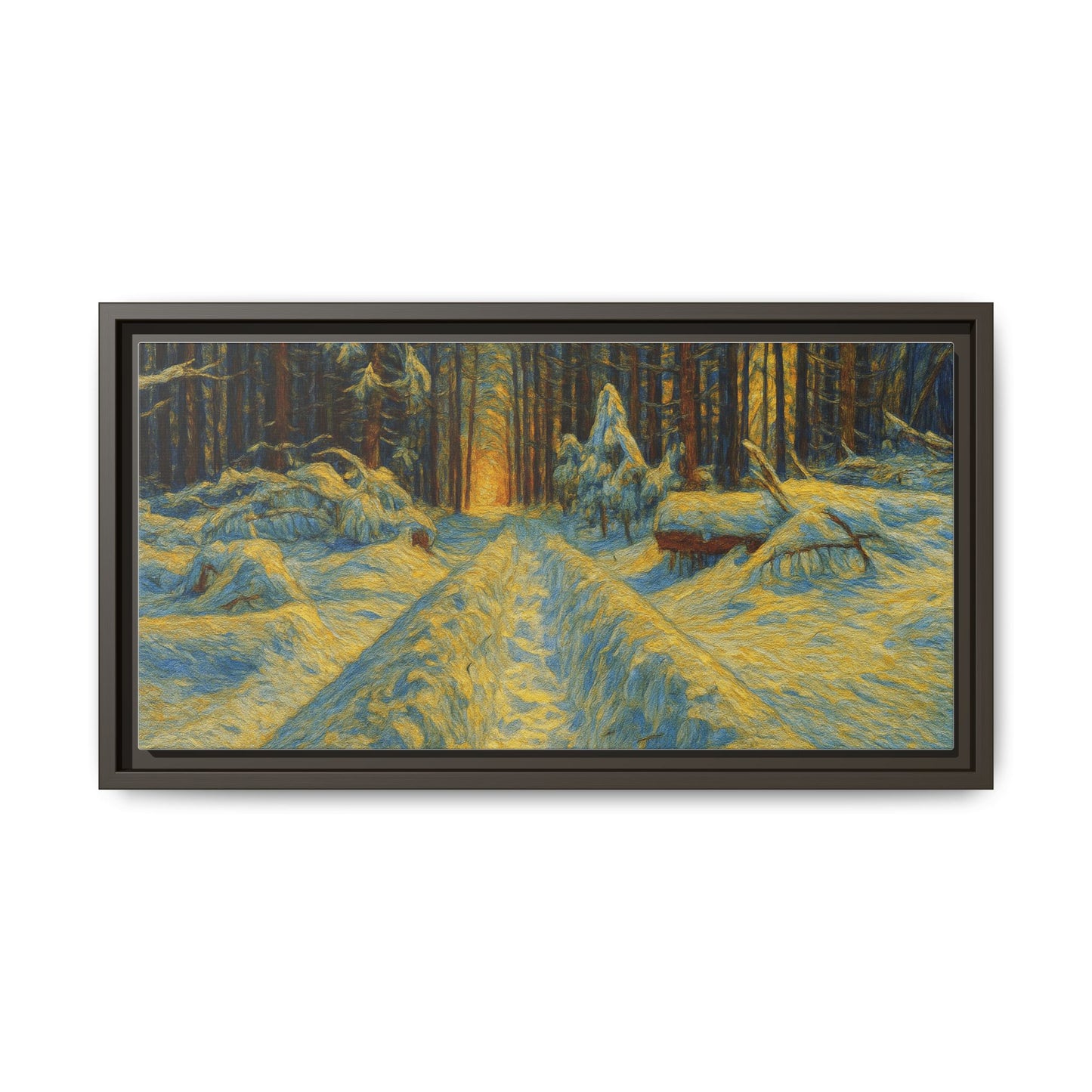 Framed matte canvas print of a snowy forest path at sunset, wall art by Printify showcasing winter landscape scenery.