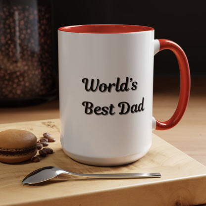 Black trim coffee mug with "World's Best Dad" slogan, available in 11oz and 15oz sizes, by Printify.