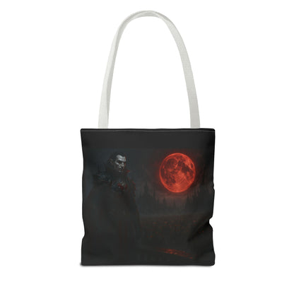 Gothic Dracula tote bag with moonlit vampire art, perfect Halloween gift, made by Printify, showcasing a spooky vampire design.