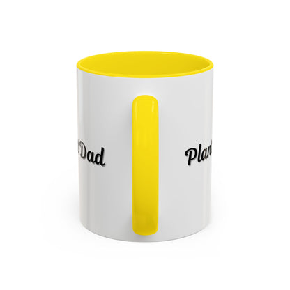 Black-handle Plant Dad coffee mug with plant-themed design, perfect for plant lovers, available in 11oz and 15oz sizes.