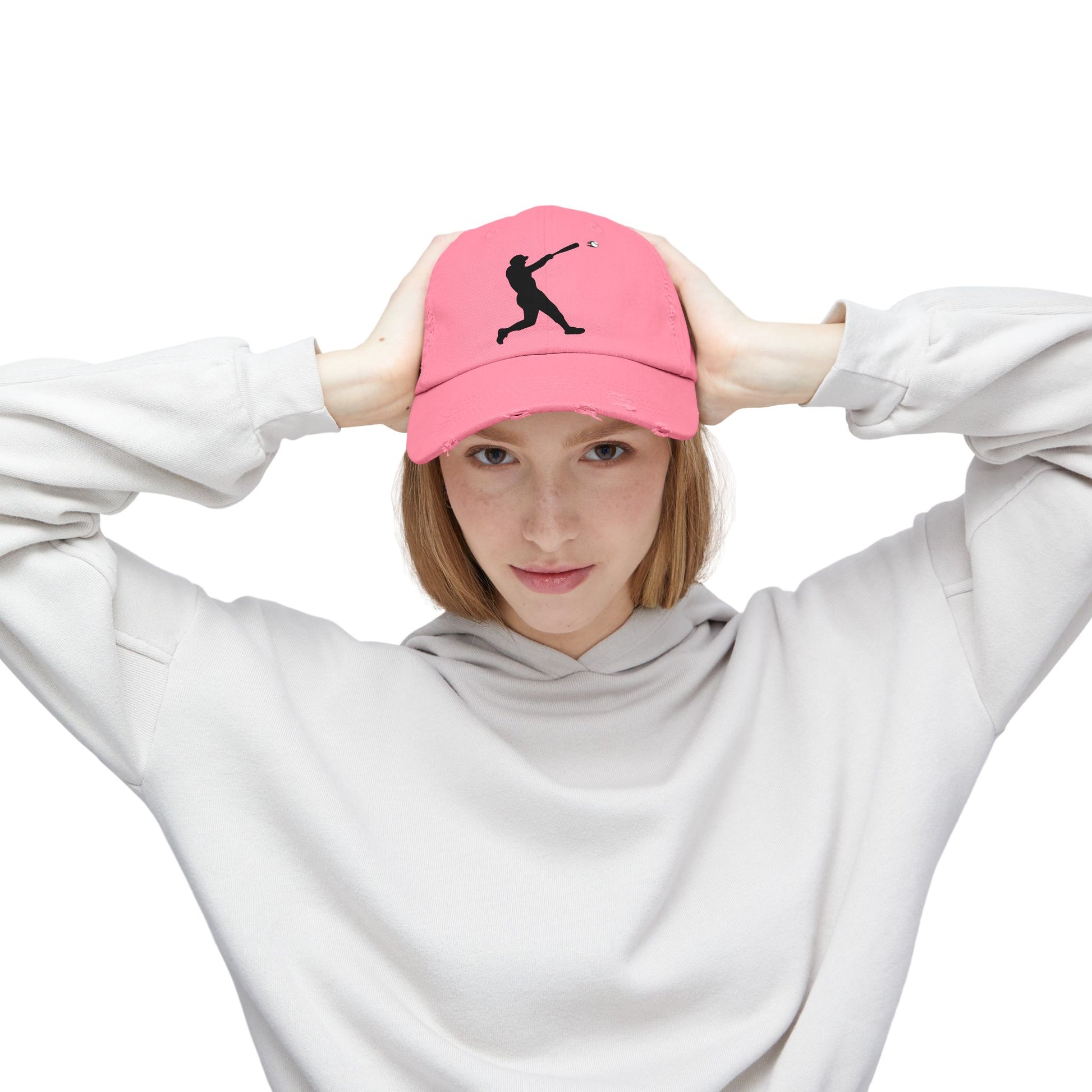 Distressed baseball cap with silhouette batter design in black, casual hat by Printify, featuring a curved brim and adjustable strap.