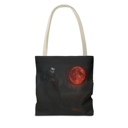 Gothic Dracula tote bag with moonlit vampire art, perfect for Halloween or gothic fashion, by Printify.